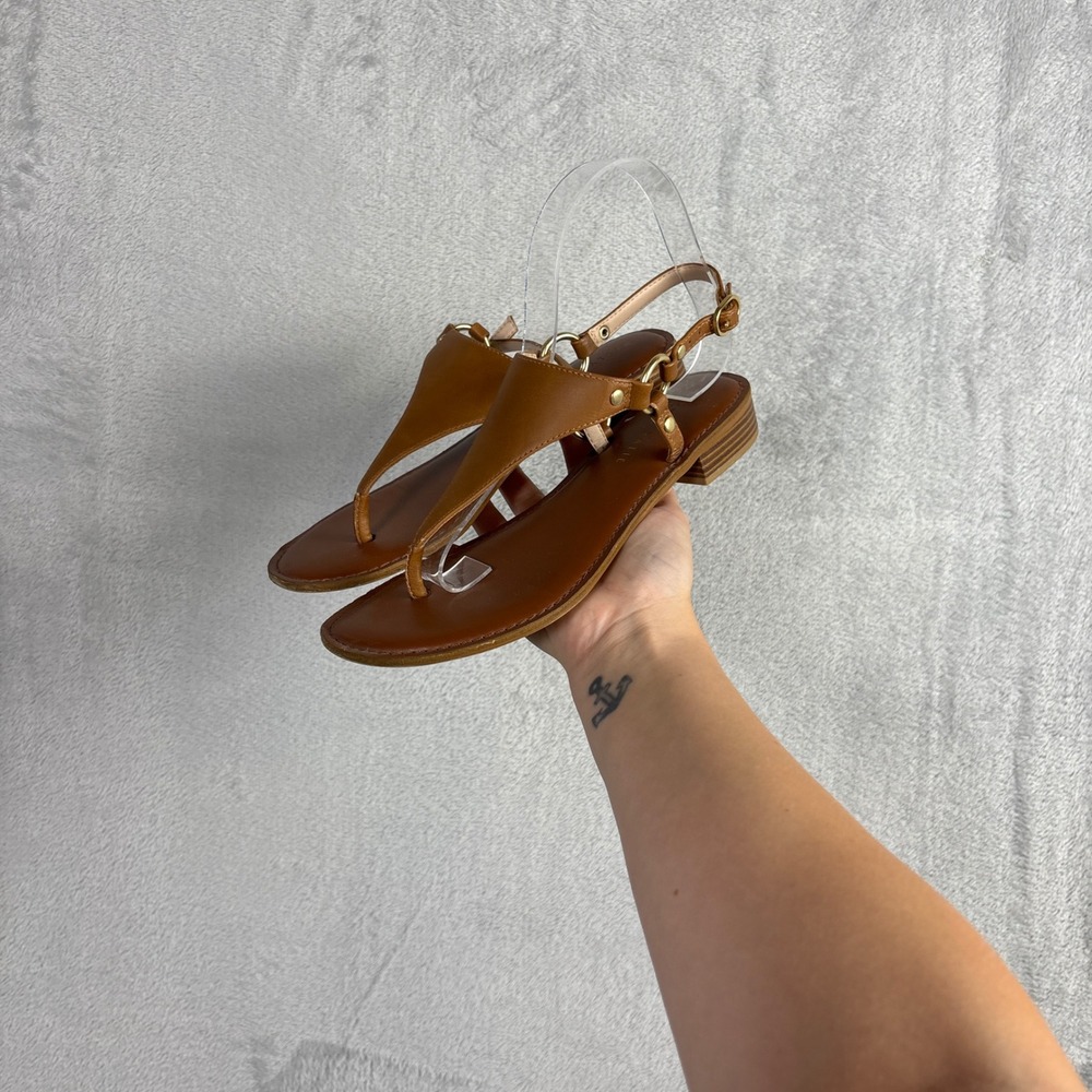 Kelly & Katie Bania Womens 7.5 Cognac Brown T-Strap Thong Slingback Sandals Gold